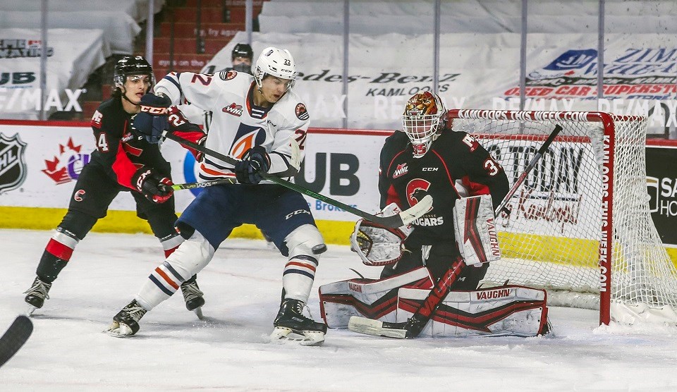 Prince George Cougars' Taylor Gauthier (#35) matched his jersey number in making 35 saves on 40 shots from the Kamloops Blazers on April 14, 2021, during the 2020-21 B.C. Division season.