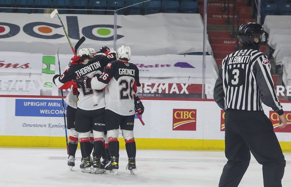 Prince George Cougars' Craig Armstrong (#22) celebrates a goal he scored against the Vancouver Giants in the 2020-21 B.C. Division season.