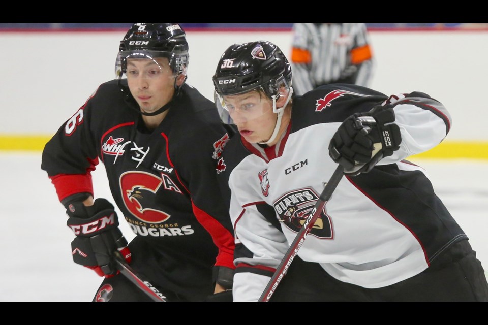 Austin Crossley (#6) in 2019 pre-season action for the Prince George Cougars against the Vancouver Giants (via Rik Fedyck)