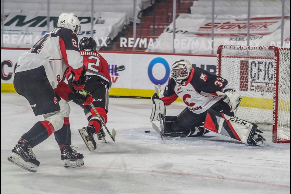 Prince George Cougars' Ty Young (#33) made his first career WHL start on April 187, 2021, against Kelowna during the 2020-21 B.C. Division hub season.