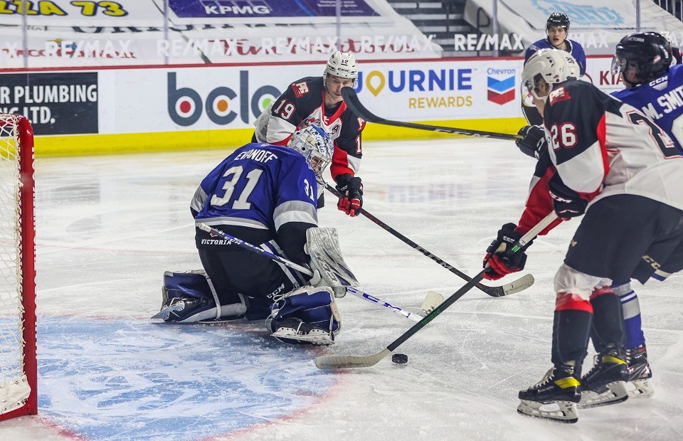 Prince George Cougars' Ethan Browne (#19) and Kyren Gronick (#26) combined for four points on April 26, 2021, against the Victoria Royals during the 2020-21 B.C. Division hub season.