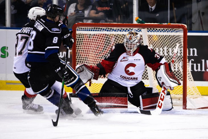 Prince George Cougars goaltender Taylor Gauthier (#35) on the road against he Victoria Royals (via Jay Wallace Photography)