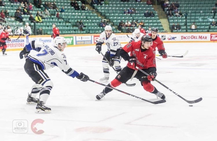 Jackson Leppard (#8) skates into the offensive zone against the Victoria Royals at the CN Centre (via Prince George Cougars/James Doyle Photography)