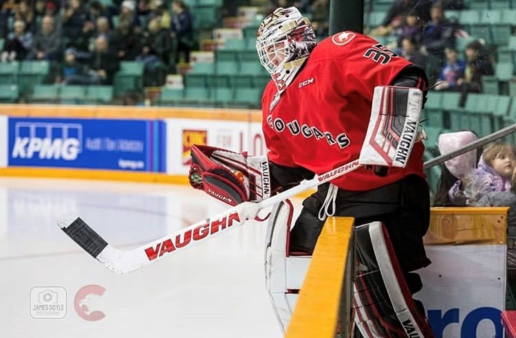 Taylor Gauthier (#35) steps onto the ice in his team's new alternate red sweater at the CN Centre (via Prince George Cougars/James Doyle Photography)