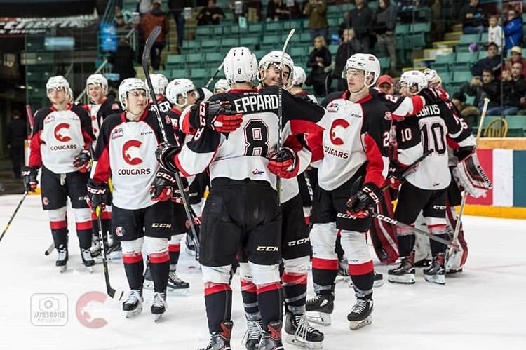 Prince George Cougars celebrate their first home win since Jan. 12, snapping a 13-game drought against the Portland Winterhawks (via Prince George Cougars/James Doyle Photography)