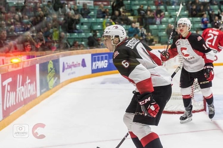 Austin Crossley (#6) screams in celebration after scoring a goal against the Portland Winterhawks at the CN Centre (via Prince George Cougars/James Doyle Photography)