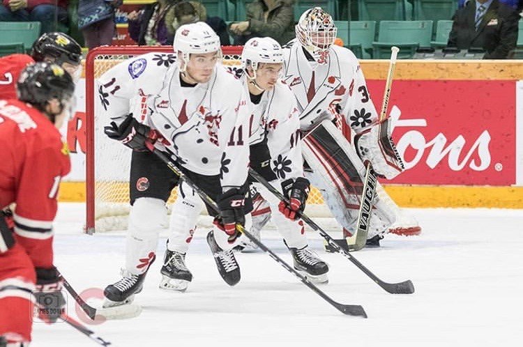 Taylor Gauthier (#35) is ready in net with teammates Ryan Schoettler (#16) & Josh Maser (#11) in position to block during Don Cherry Night against the Portland Winterhawks at the CN Centre (via Prince George Cougars/James Doyle Photography)