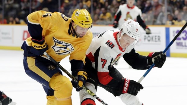 Prince George Cougars' alumni and co-owner Dan Hamuis in NHL action with the Nashville Predators against the Ottawa Senators. (via The Canadian Press)