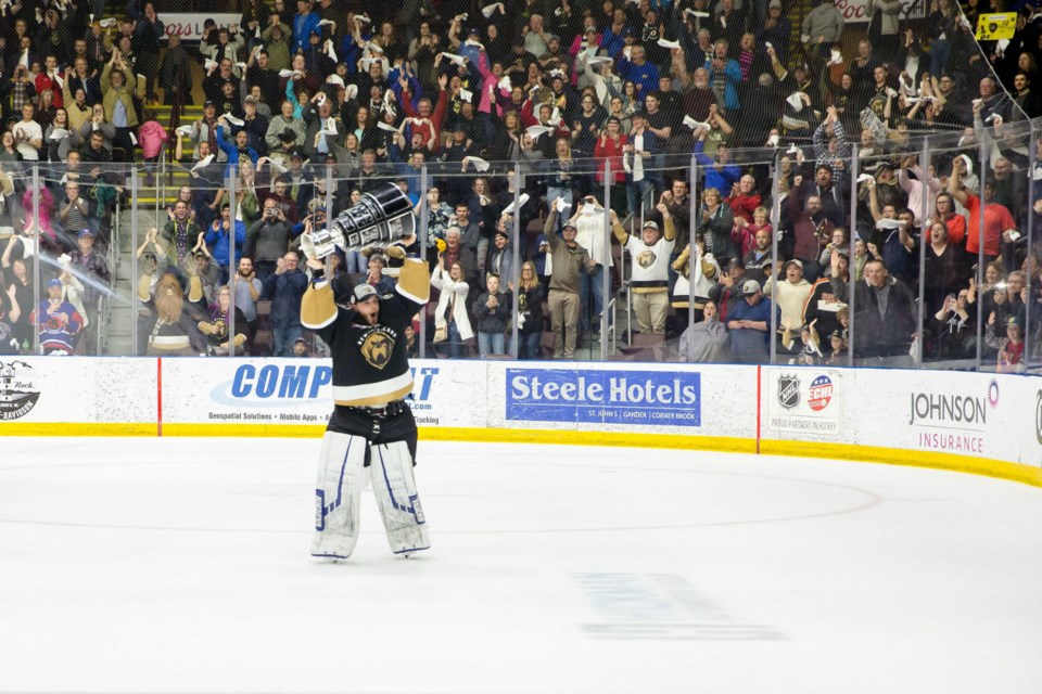 Prince George's Michael Garteig celebrates the 2019 Kelly Cup as the starting goaltender for the champion-Newfoundland Growlers (via Facebook/Newfoundland Growlers)