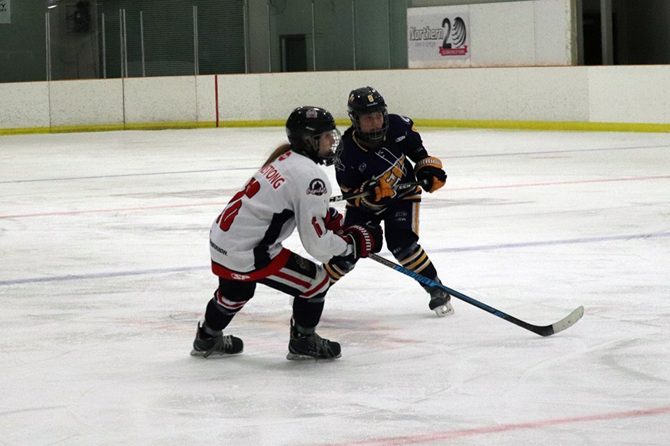 Hailey Armstrong (#16) of the Northern Capitals in action in her team's final 2019-20 weekend series played on home ice against the Fraser Valley Rush (via Kyle Balzer)