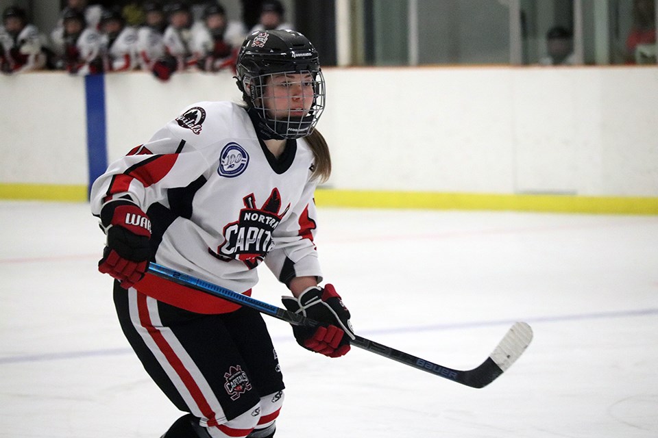 Maria Ayre (#15) skates for the Northern Capitals in their final 2019-20 weekend series played on home ice against the Fraser Valley Rush (via Kyle Balzer)