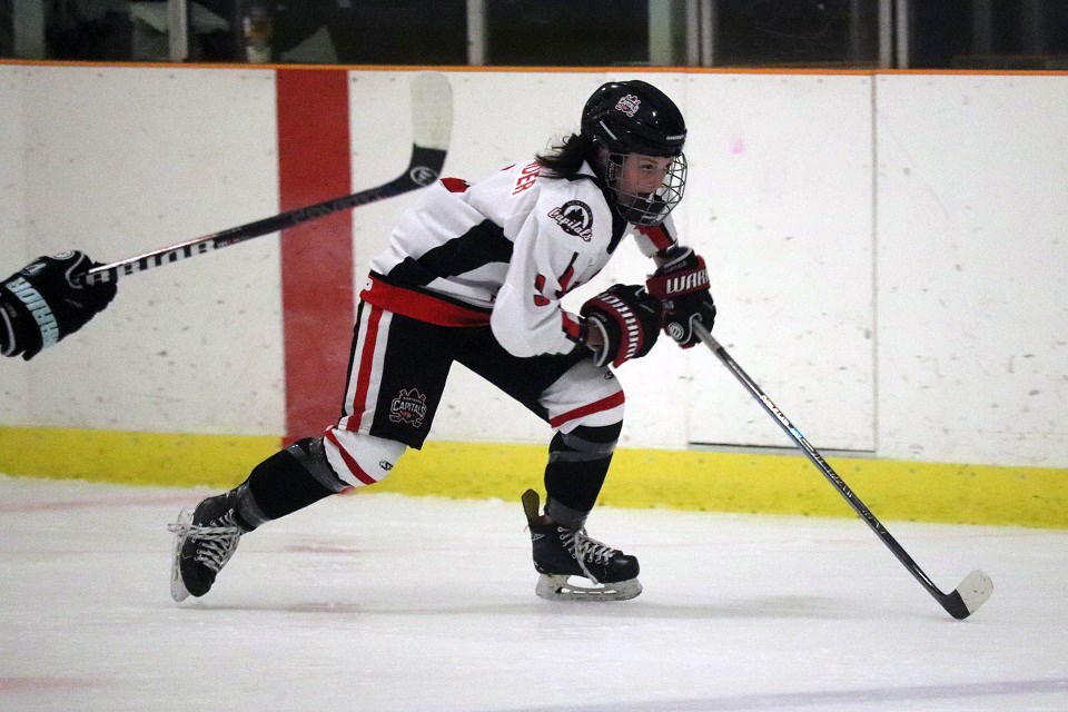 Northern Capitals' Pyper Alexander (#9) skating with speed up ice during the 2019-20 home-opener against the Vancouver Island Seals (via Kyle Balzer)