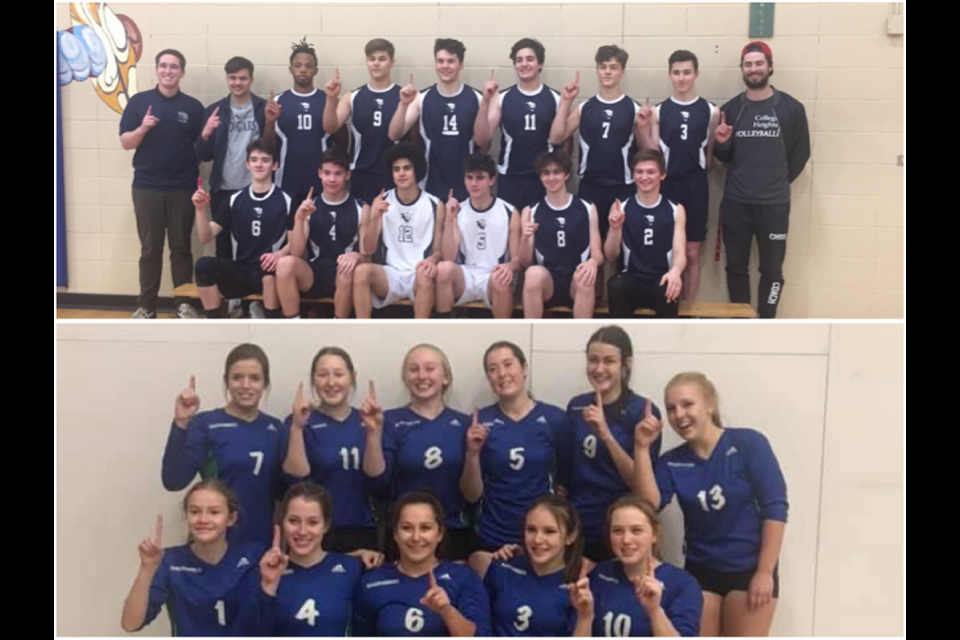 The College Heights Sr. Boys and Kelly Road Sr. Girls Volleyball teams each won the 2019 North Central AA Zone championship in Prince George (via College Heights Cougars/Rhonda Pattison)