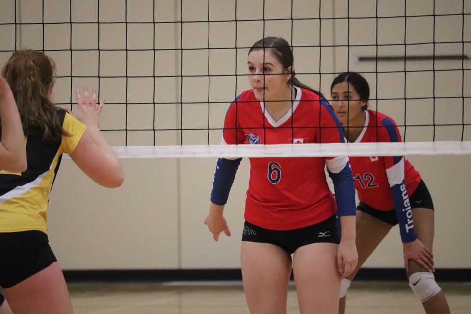 D.P. Todd Trojans' Alivia Johnston (#6) gets ready for Duchess Park's serve in the 2019 Prince George senior girls volleyball city championship (via Kyle Balzer)