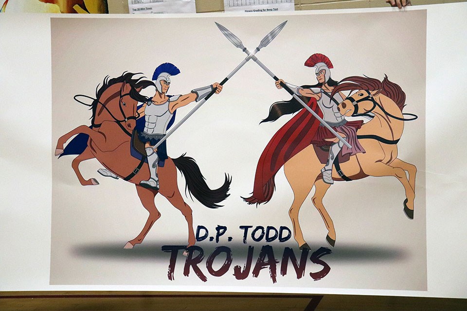 Grade 11 student Claire Dean designed the new D.P. Todd Secondary Trojans mural for its gymnasium.