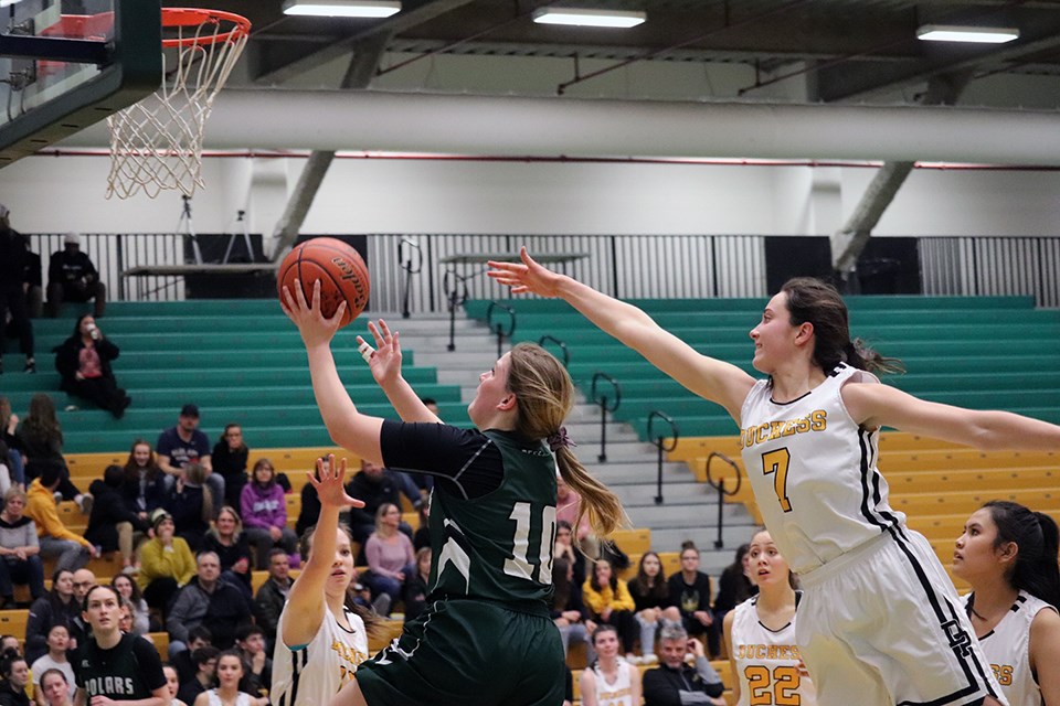 Nina Gajic (#10) of the Prince George Secondary Polars goes to the hoop in action for the 2020 City Championships (via Kyle Balzer)