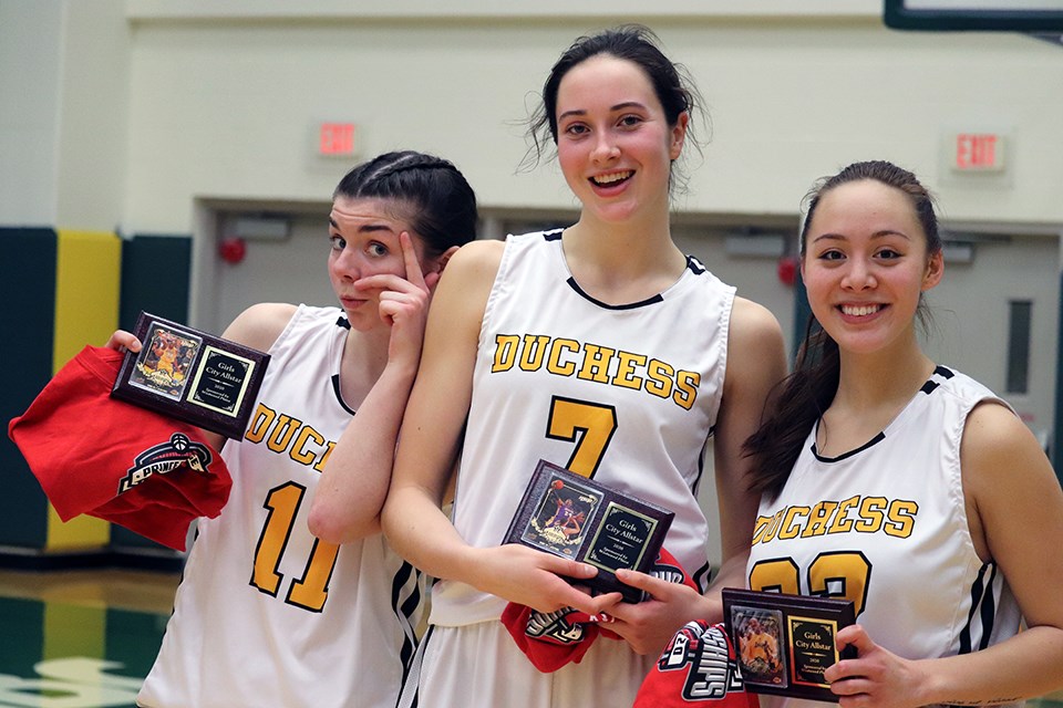 [From left to right] Hannah Loukes, Jasmin Schlick and Logan Cruz of the Duchess Park Secondary Condors receive 2020 Prince George City All-Star honours (via Kyle Balzer)