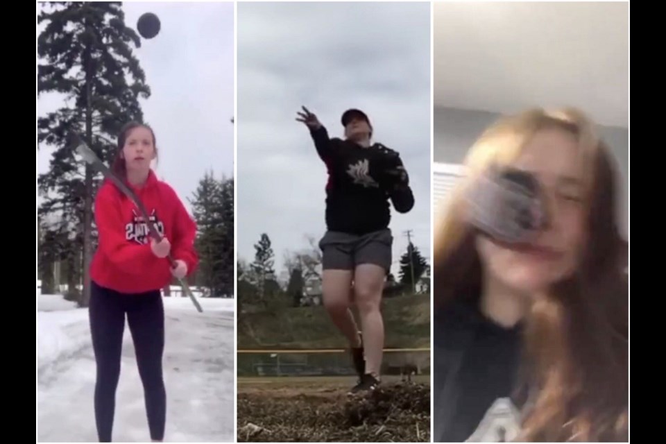 [From left to right] Brooke Norkus, Amanda Asay and Paige Outhouse are some of several Prince George female athletes take the #SocialDistancing4theWin challenge. (via Northern Capitals/Baseball Canada)
