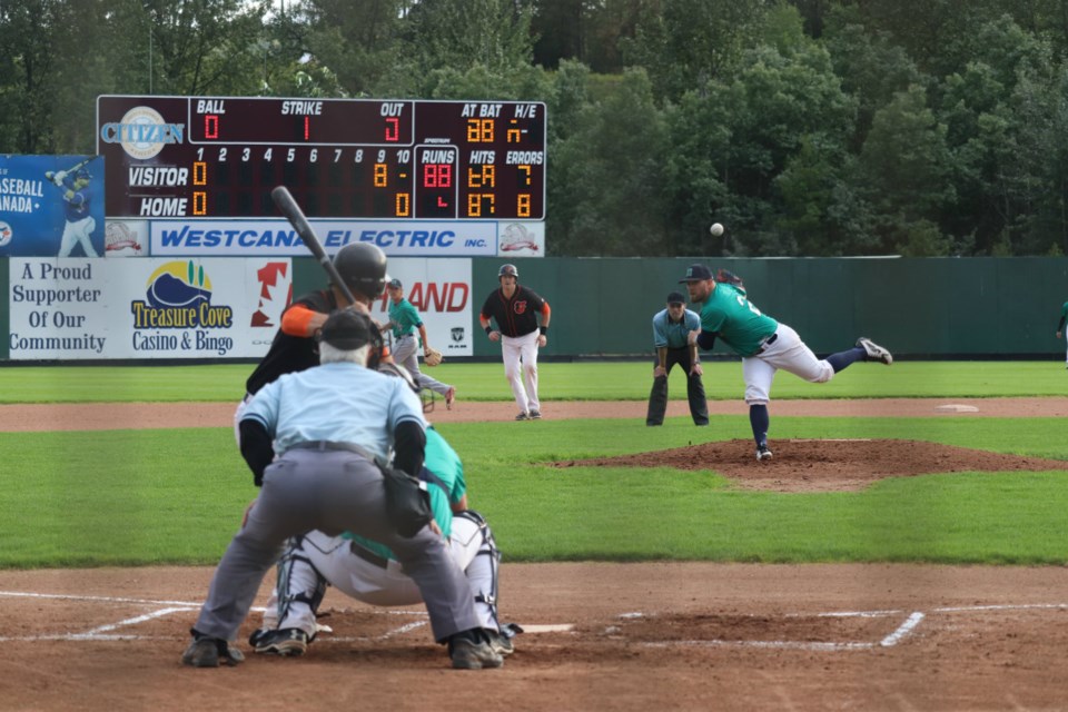 Mariners' pitcher Curtis Sawchuk lets one go against the Orioles in Prince George Senior Men's Baseball (via Kyle Balzer)