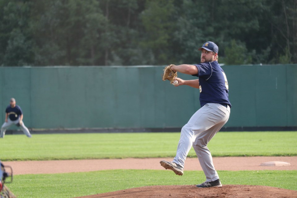 Ryan Miles pitches for the Gladiators in Prince George Senior Men's Baseball (via Kyle Balzer)