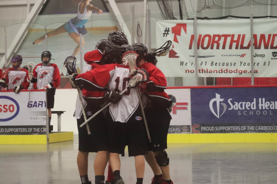 RPR Mechanical/JR Construction Bandits celebrate a goal during the 2019 playoffs in Prince George Senior Lacrosse (via Kyle Balzer)