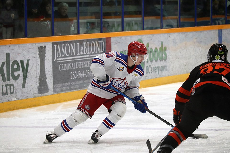 Corey Cunningham (#10) skates for the Prince George Spruce Kings during a 2020 playoff game against Trail at the Rolling Mix Concrete Arena. (via Kyle Balzer)