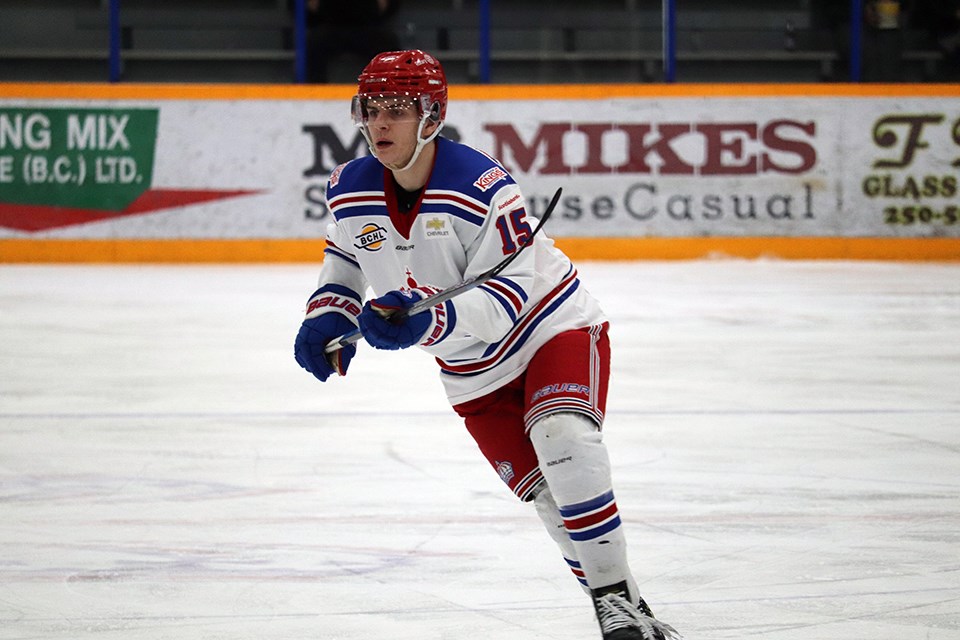 Evan Orr (#15) skates for the Prince George Spruce Kings during a 2020 playoff game against Trail at the Rolling Mix Concrete Arena. (via Kyle Balzer, PrinceGeorgeMatters)