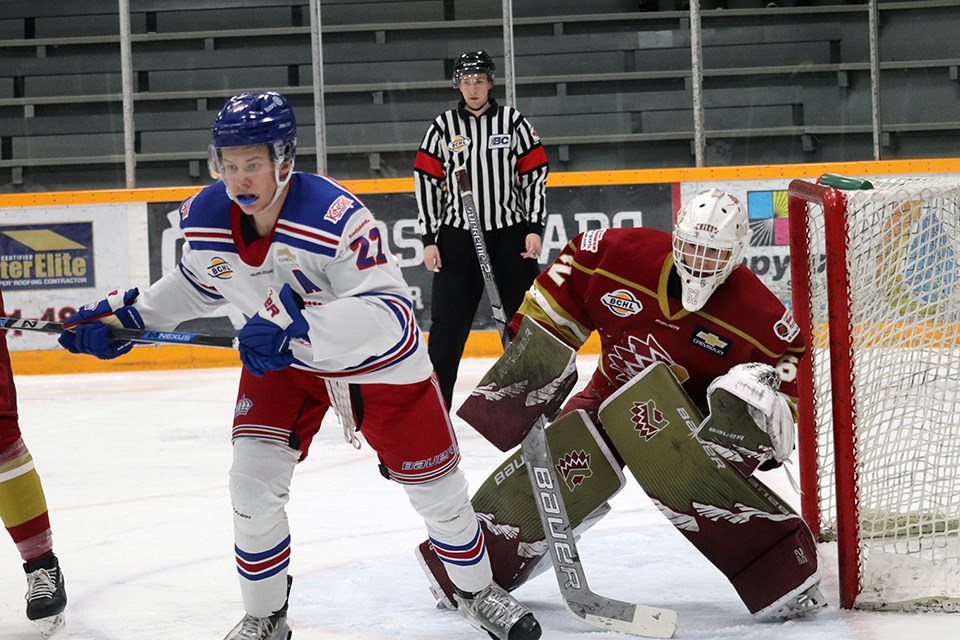 Fin Williams (#22) trying to the puck for the Prince George Spruce Kings at home against the Chilliwack Chiefs (via Kyle Balzer)