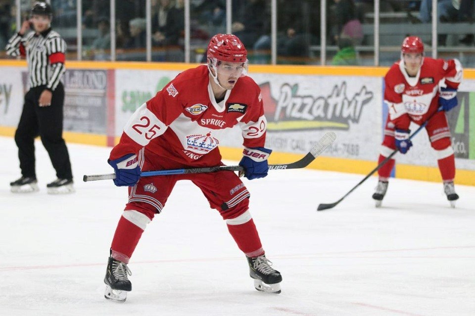 Preston Brodziak (#25) sporting the Prince George Spruce Kings' red alternate sweater (via Chuck Chin Photography)