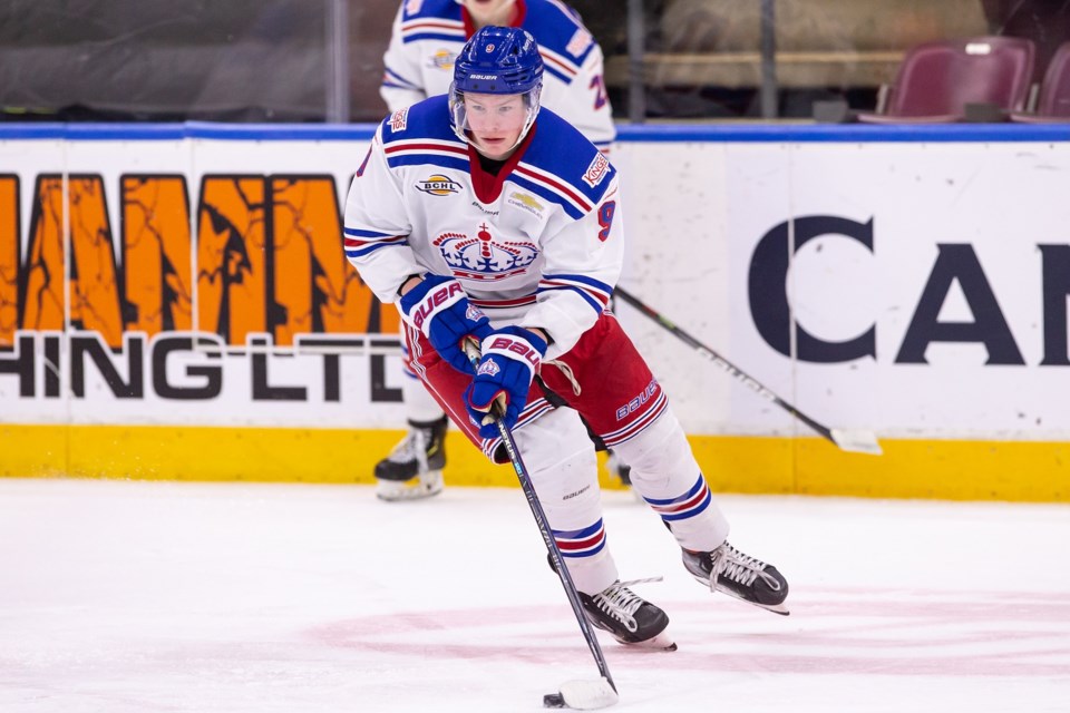 Tom Richter (#9) in action for the Prince George Spruce Kings at the 2019 BCHL Showcase (via Damon James Photography)