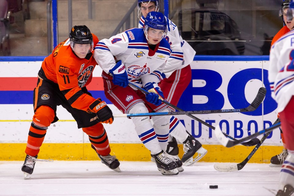 Mason Waite (#4) in action for the Prince George Spruce Kings against the Trail Smoke Eaters at the 2019 BCHL Showcase (via Damon James Photography)