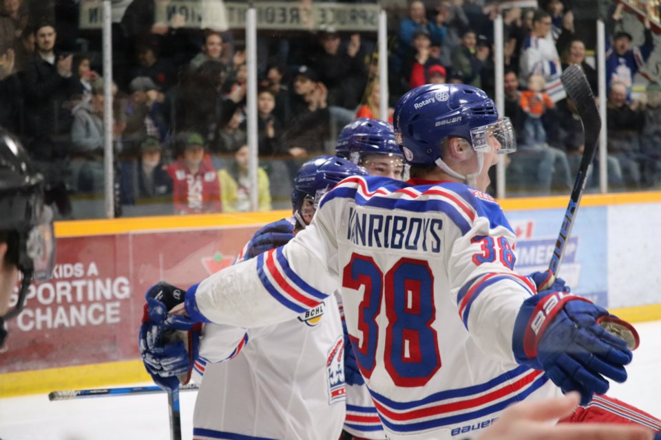 Lucas Vanroboys (#38) elated with excitement after scoring the first goal of Game Three for the Prince George Spruce Kings against Chilliwack in the 2019 playoffs (via Kyle Balzer)