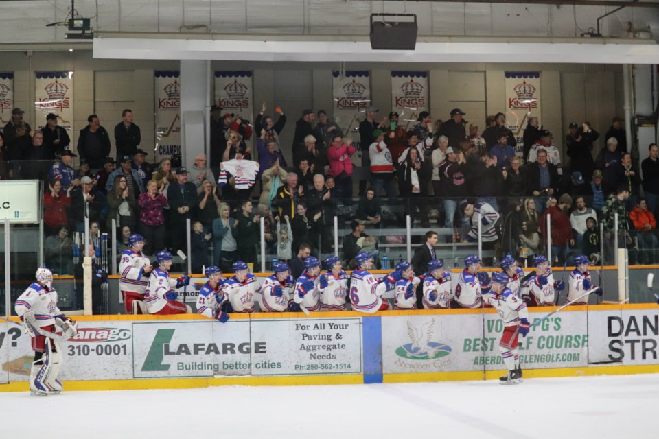 Dustin Manz (#9) celebrates with his Prince George Spruce Kings teammates after scoring a playoff goal against Chilliwack (via Kyle Balzer)