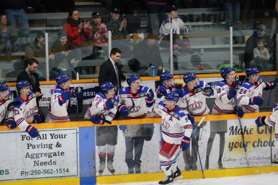 Dustin Manz (#9) leads a goal celebration for the Prince George Spruce Kings during the 2019 BCHL Playoffs at the Rolling Mix Concrete Arena (via Kyle Balzer)