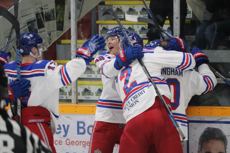 Prince George Spruce Kings celebrate a goal during a 2019 playoff game against the Coquitlam Express at Rolling Mix Concrete Arena (via Kyle Balzer)