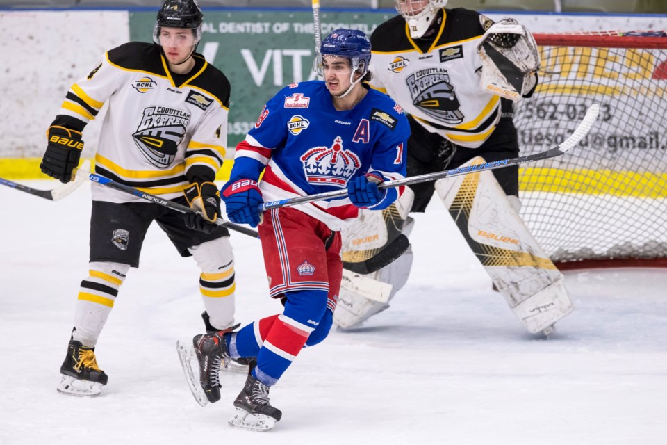 Ben Brar (#18) skates in the offensive zone for the Prince George Spruce Kings during a 2019 playoff game against the Coquitlam Express (via Damon James Photography)