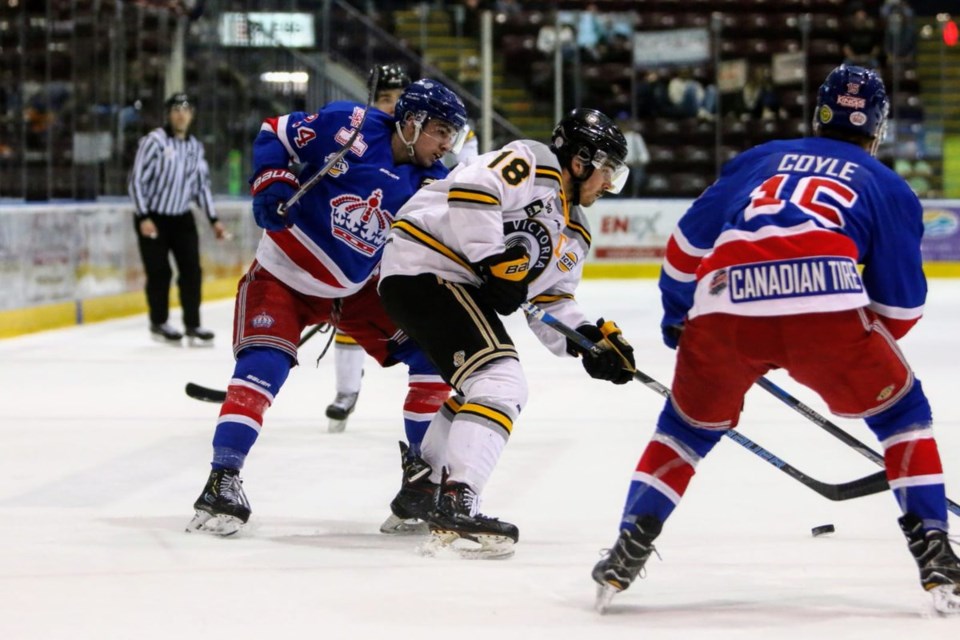 Prince George Spruce Kings in playoff action against the Victoria Grizzlies. (via Twitter/Victoria Grizzlies)