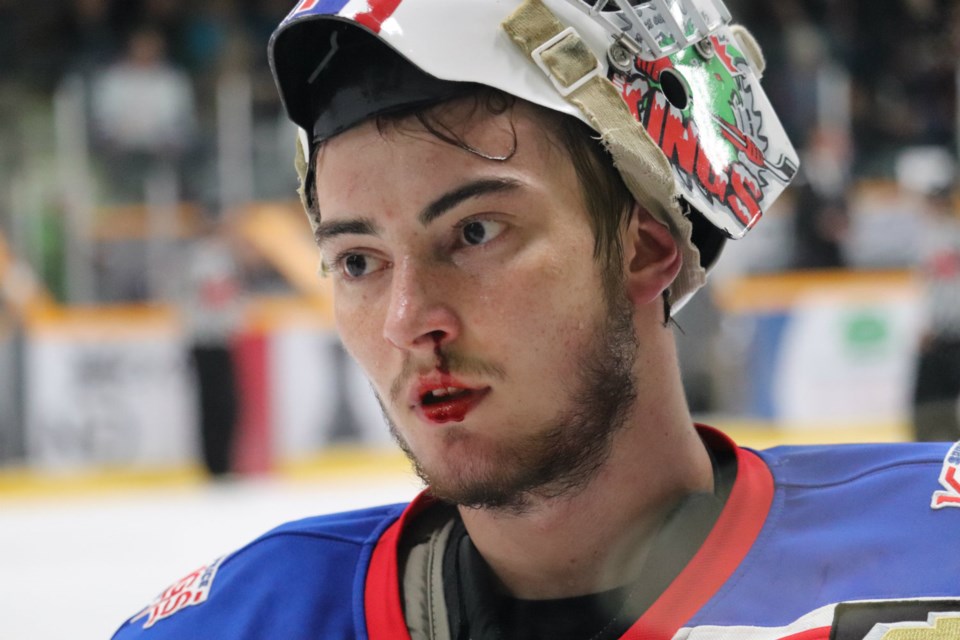 Prince George Spruce Kings goaltender Logan Neaton gets a bloody nose after taking a puck to the face (via Kyle Balzer)