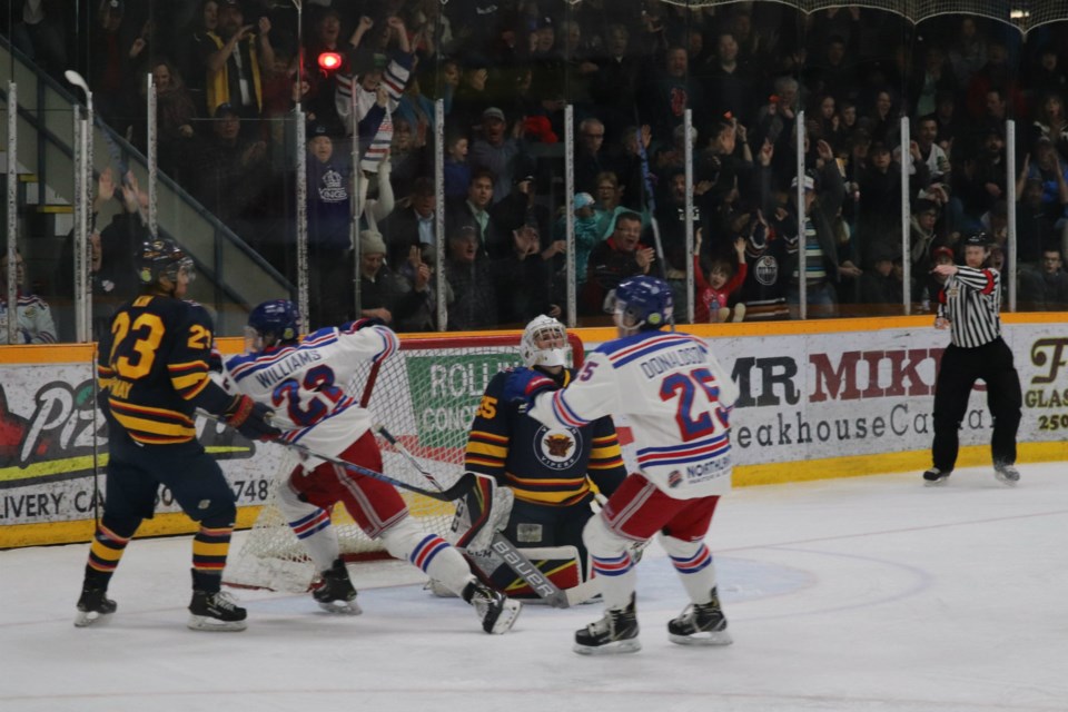 Fin Williams (#22) erupts in celebration after scoring his first career BCHL goal; it was the eventual Game Two-winner for the Prince George Spruce Kings over Vernon in the 2019 Fred Page Cup Finals (via Kyle Balzer)