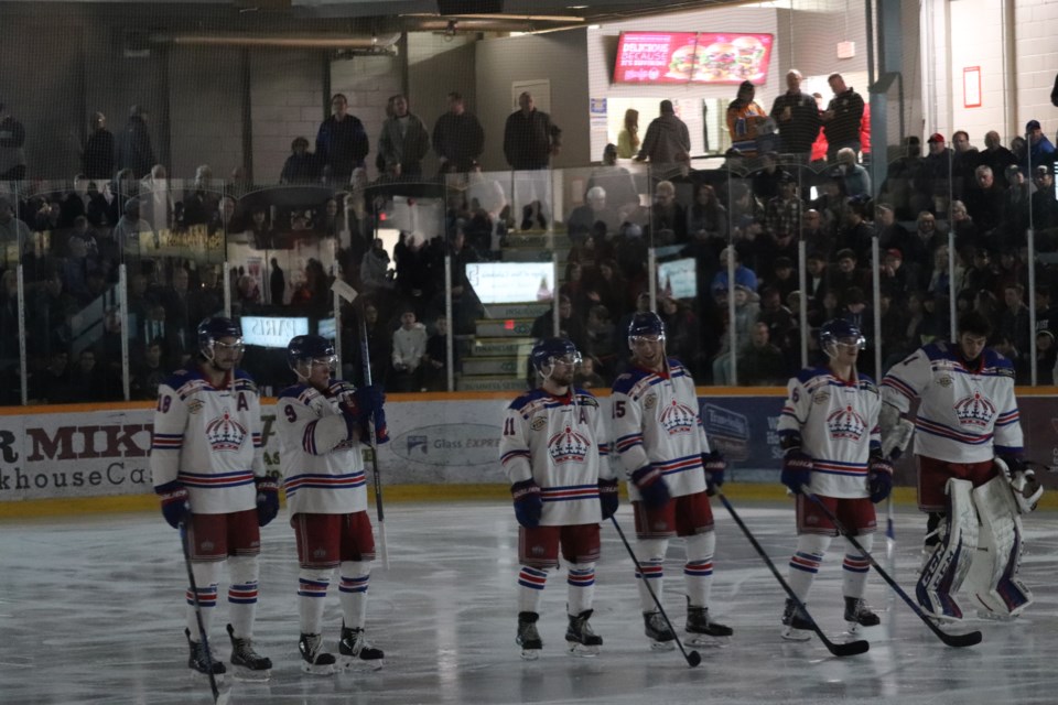 Prince George Spruce Kings line up before Game One of the BCHL Coastal Conference Finals against the Victoria Grizzlies at the Rolling Mix Concrete Arena (via Kyle Balzer)