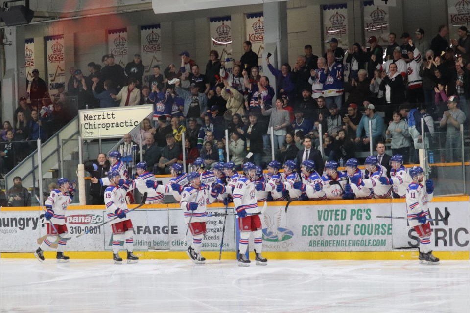 Prince George Spruce Kings celebrate a playoff goal during a game against the Victoria Grizzlies at the Rolling  Mix Concrete Arena (via Kyle Balzer)