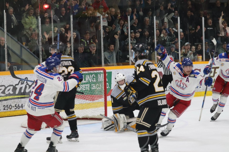 Dustin Manz (#9) erupts in excitement along with his fellow Prince George Spruce Kings during a playoff game against Victoria (via Kyle Balzer)