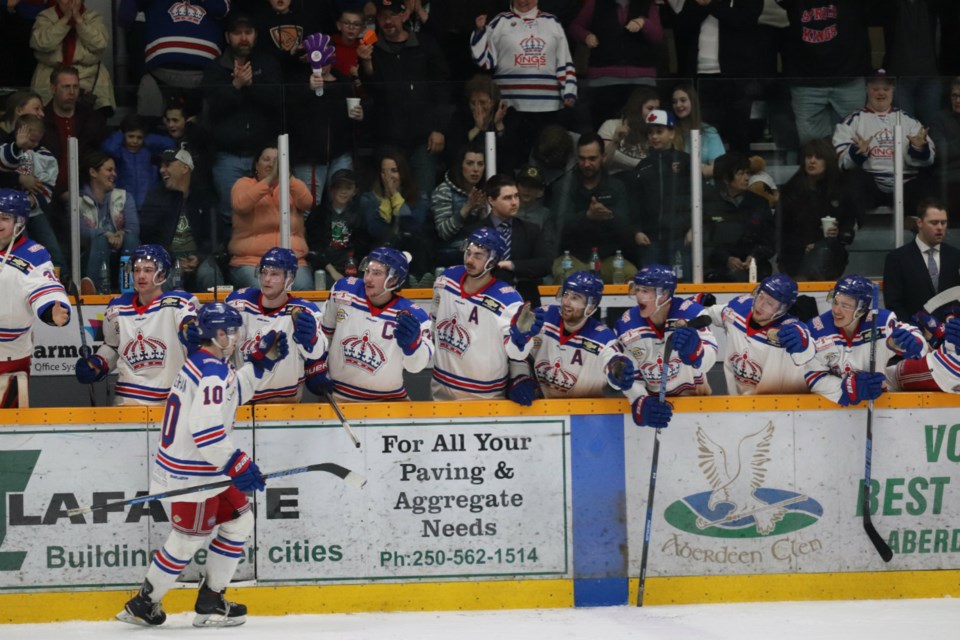 Corey Cunningham (#10) starts the fist-bump line after socoring a playoff goal for the Prince George Spruce Kings against Victoria (via Kyle Balzer)