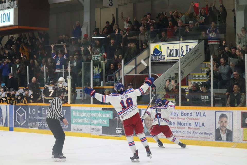 Dustin Manz (#9) is followed by Ben Brar (#18) after scoring the Prince George Spruce Kings' insurance goal of Game Two during the BCHL Coastal Conference Championship against Victoria (via Kyle Balzer)