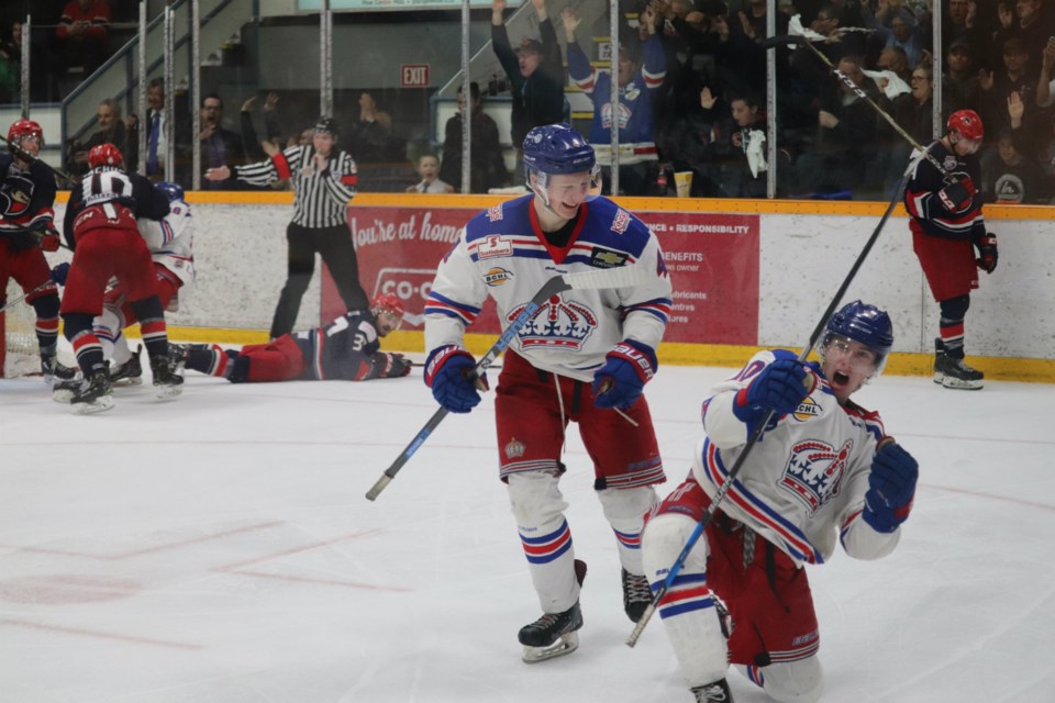 Corey Cunningham (#10) pulls out the bow & arrow after scoring a goal against Brooks in the 2019 Doyle Cup for the Prince George Spruce Kings (via Kyle Balzer)