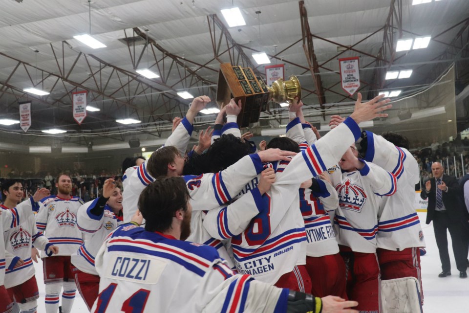 Prince George Spruce Kings swarm Captain Ben Poisson and the Doyle Cup (via Kyle Balzer)