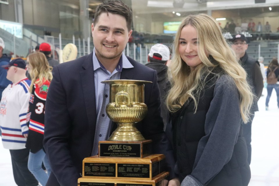 Prince George Spruce Kings Head Coach Adam Maglio poses with the Doyle Cup (via Kyle Balzer)