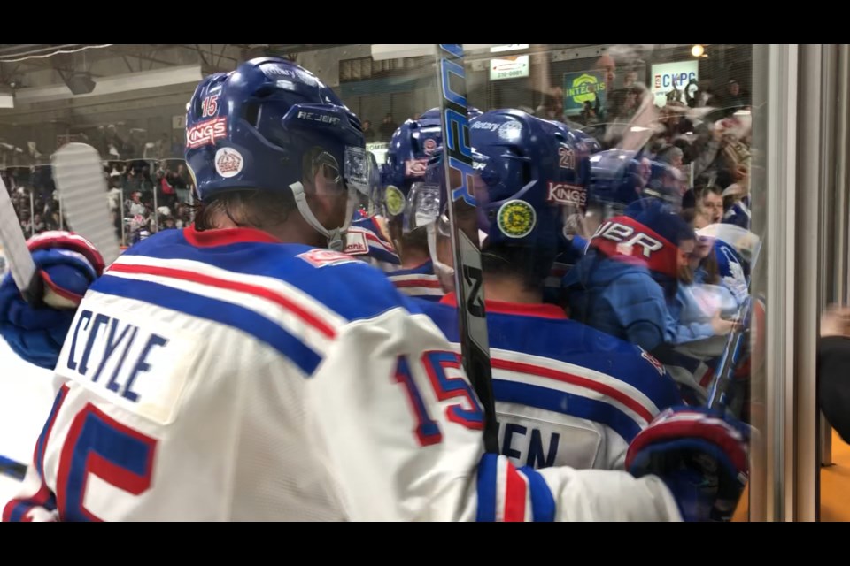 Prince George Spruce Kings celebrate Patrick Cozzi's goal in Game Four of the 2019 Doyle Cup (via Kyle Balzer)