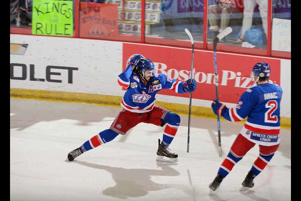Ben Brar (#18) pulls out another arrow from his quiver in scoring the game-winning goal for the Prince George Spruce Kings in the 2019 National semi-final (via Hockey Canada/Matthew Murnaghan)