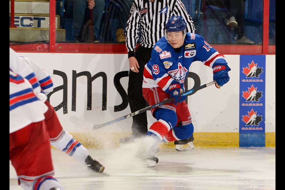 Chong Min Lee (#19) in action for the Prince George Spruce Kings in the 2019 National Championship semi-final (via Hockey Canada/Matthew Murnaghan)